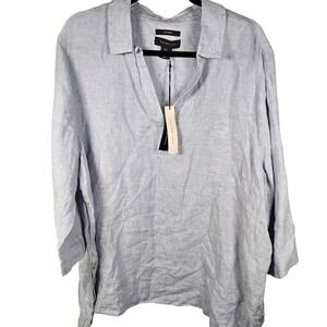 Tahari Women 2X Light Blue 100% Linen Split Neck Tunic Blouse NWT